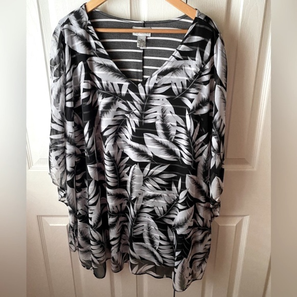 Catherines‎ Black and White Botanical Print Georgette V-Neck Poncho Top SZ 4X
